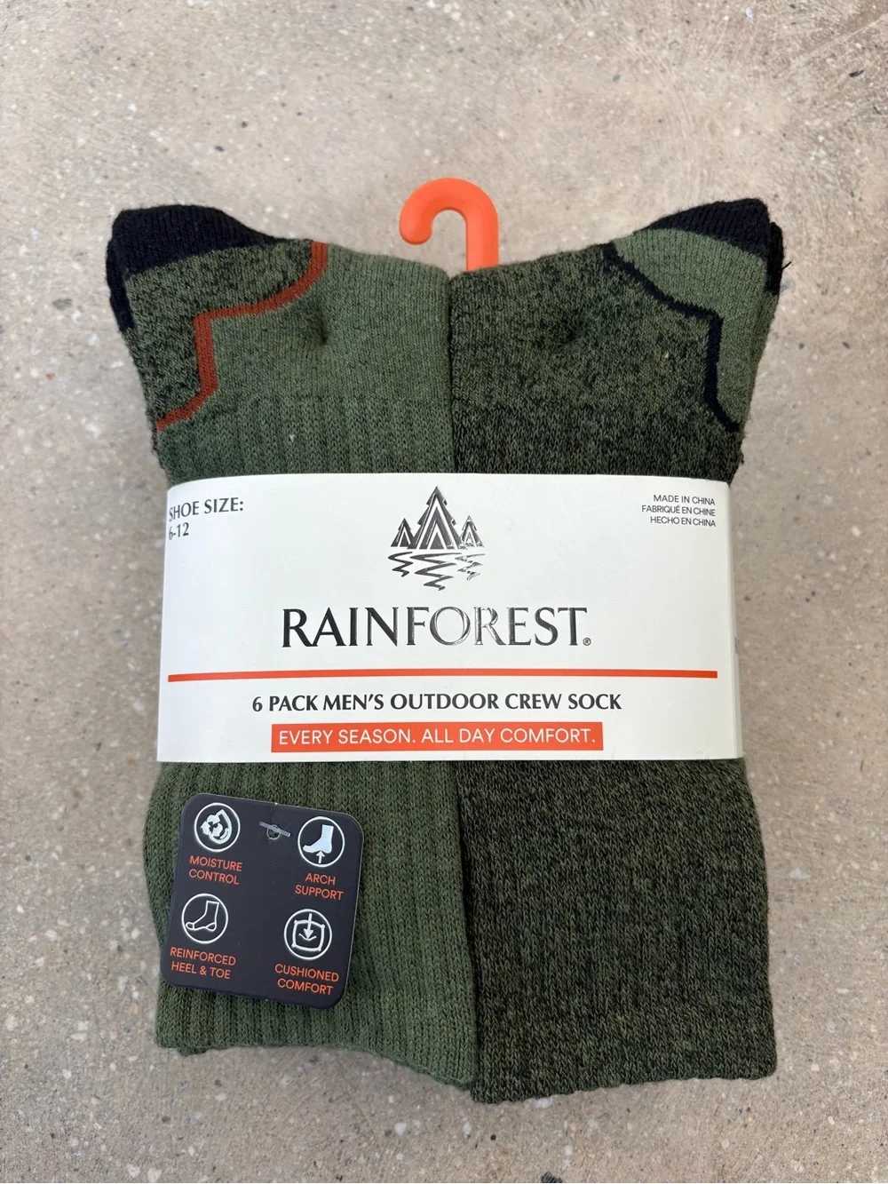RAINFOREST Men's Outdoor Crew Socks - Olive Green with Black Accents (6 Pack)